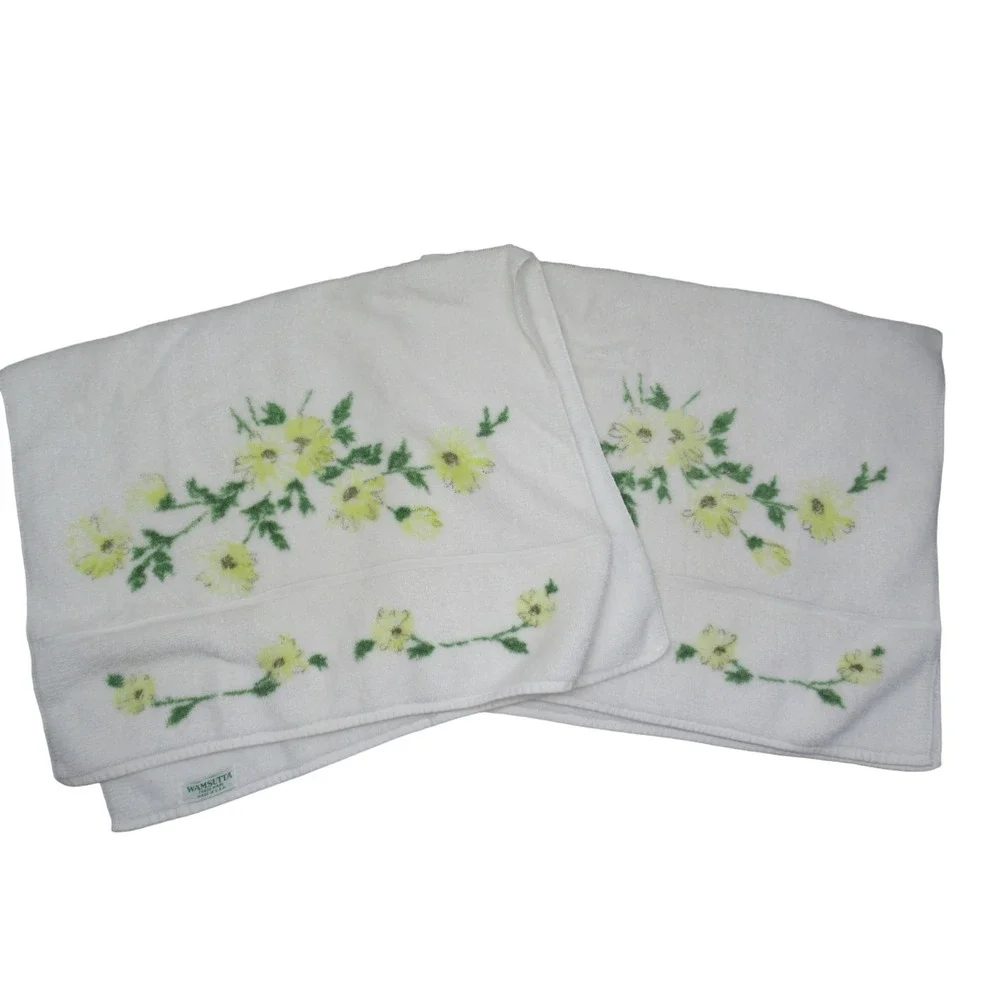 Wamsutta made USA two vintage hand towels yellow flowers floral green leaves